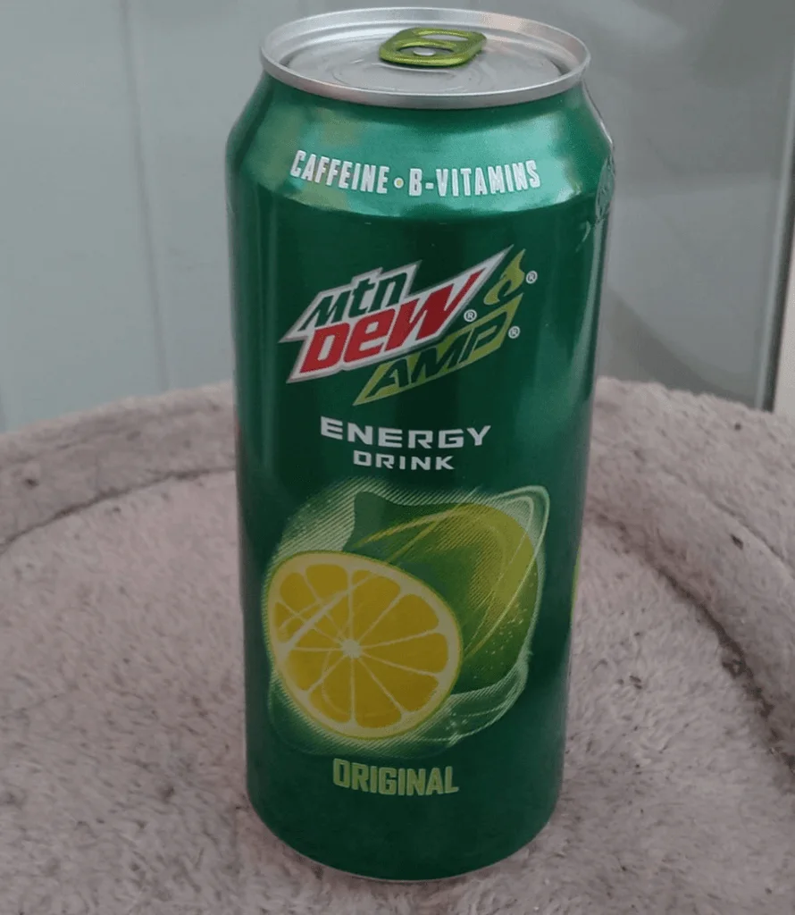 A can of of Mountain Dew AMP energy drink.