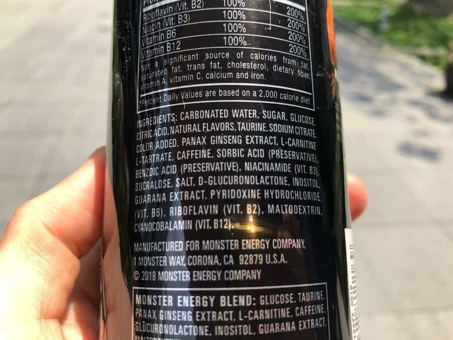 Ingredients label of Monster energy drink.
