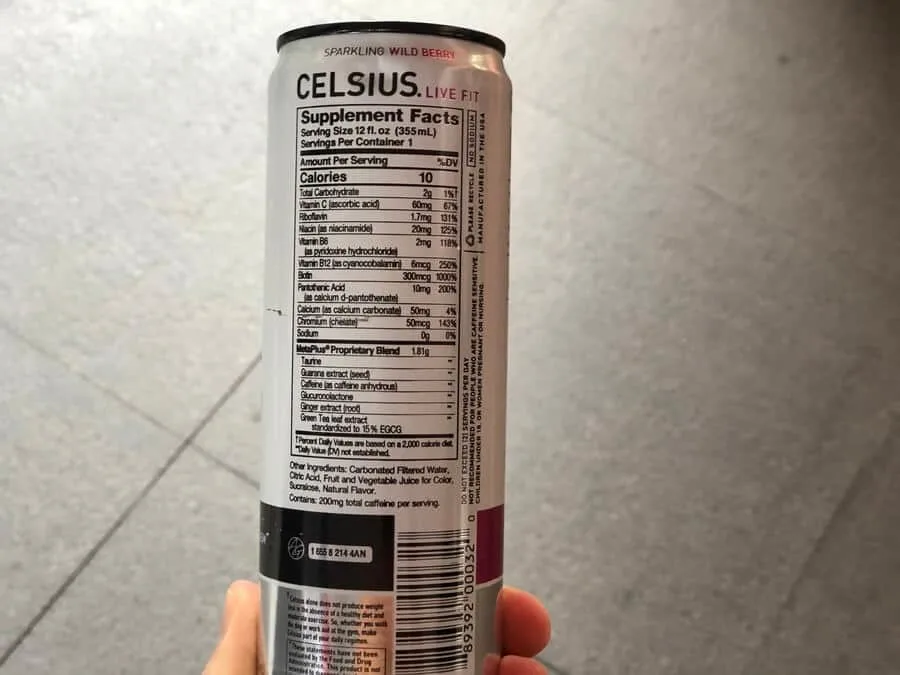 Ingredients label on the can of Celsius.