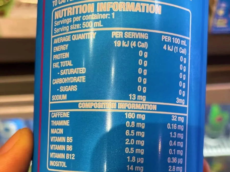 The nutrition facts behind a can of Bang Australia. 