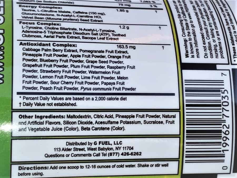 Nutrient facts label printed on the side of a G Fuel container.