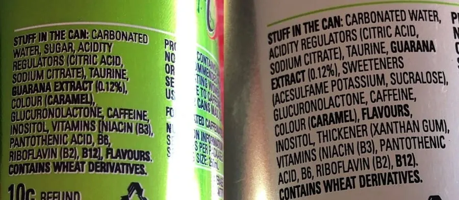 The ingredient list at the back of a can of V Energy Original and Sugar-free.