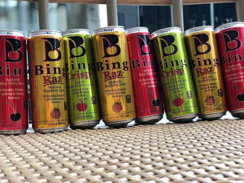 A row of Bing Energy Drink displayed.