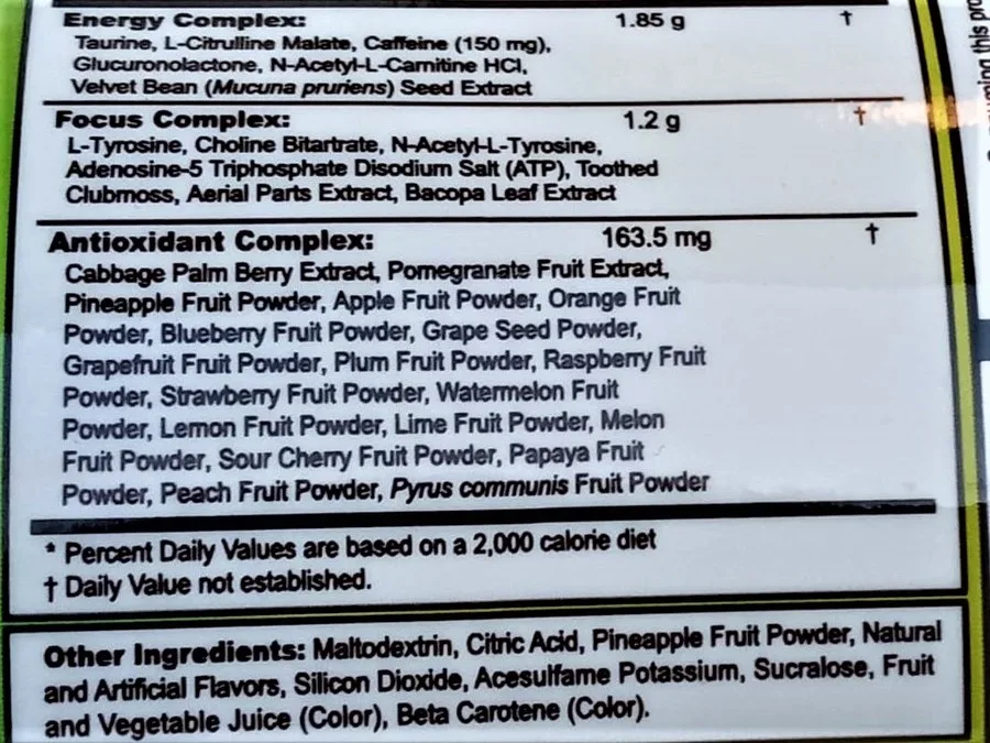 Close-up of ingredients label of G Fuel.