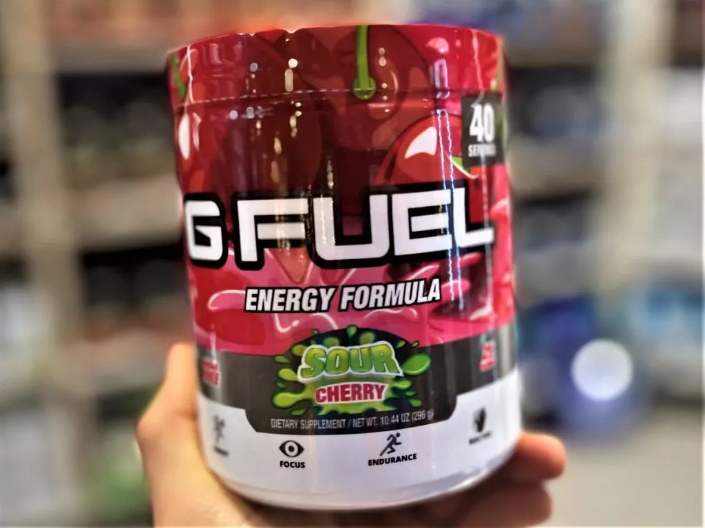 Close up of a tub of G Fuel.