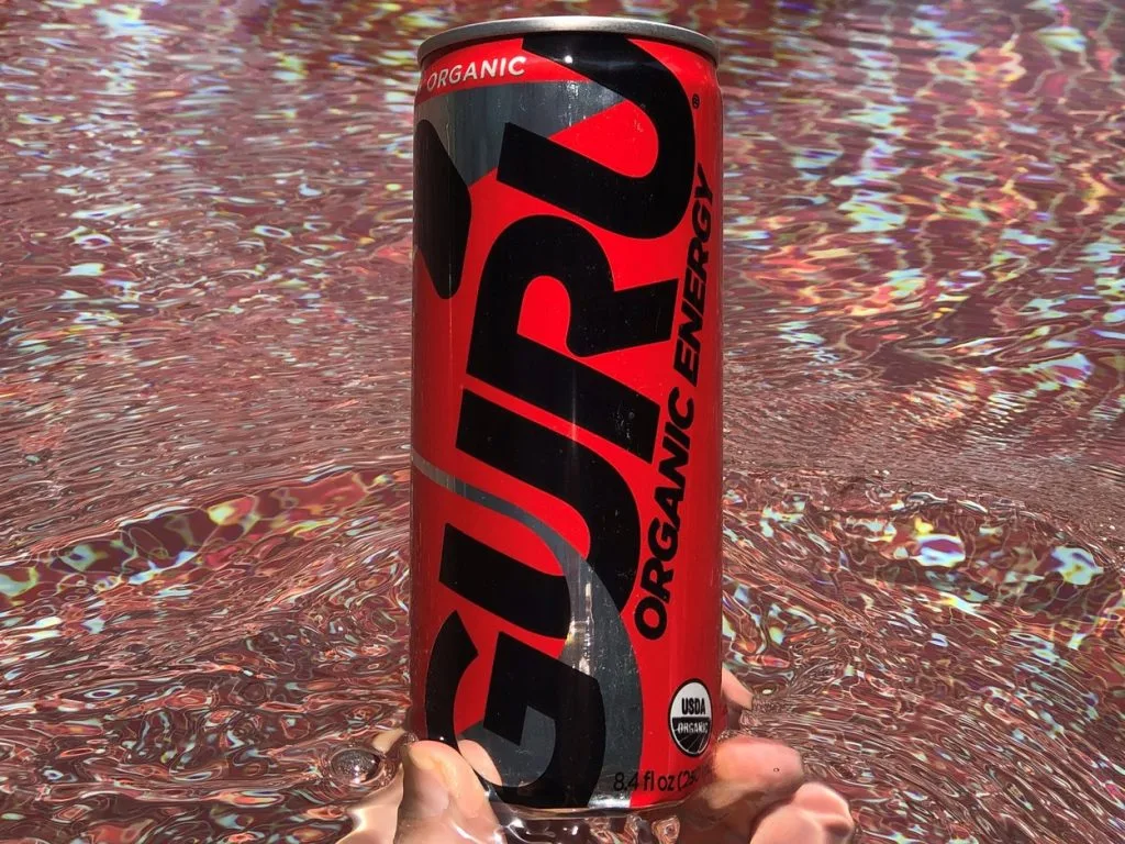 Close up of a can of Guru Energy Drink.
