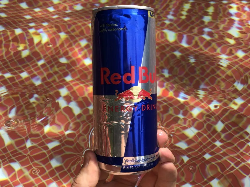 Close up of a can of Red Bull.