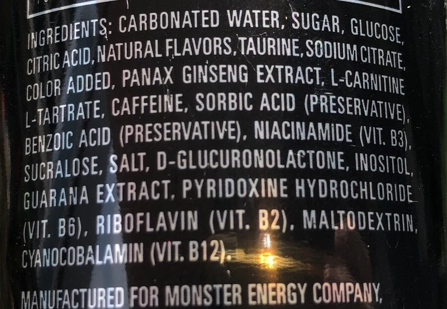 A picture of Monster Energy ingredient label
