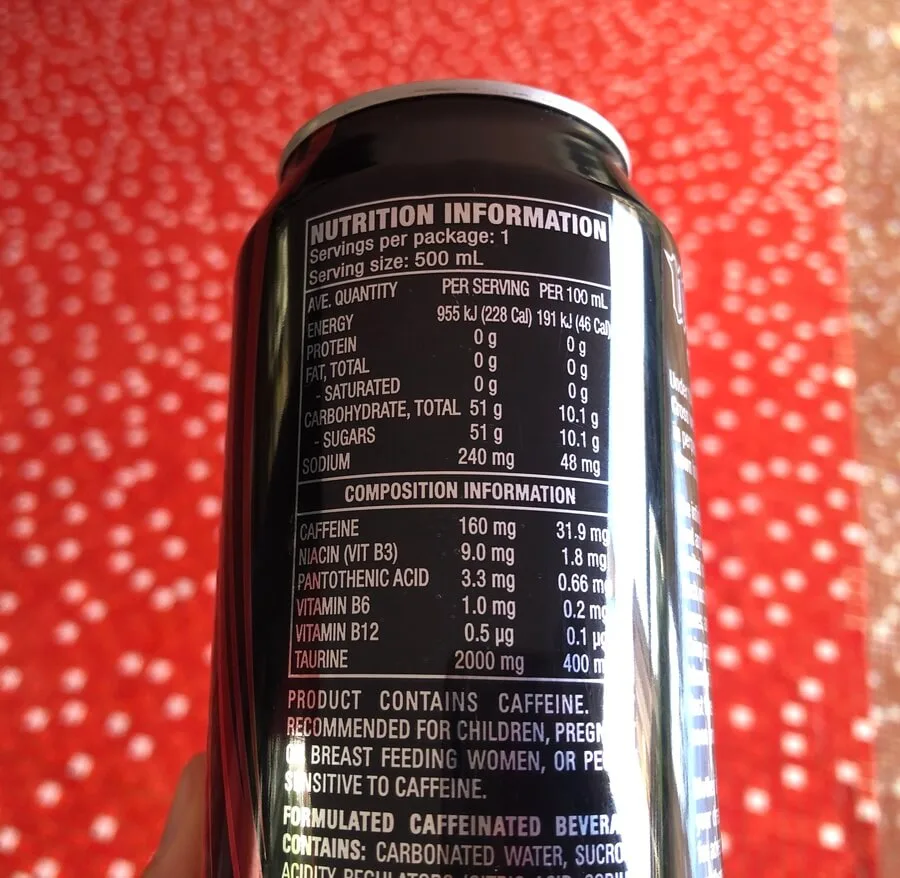 A picture of Mother Energy Drink Original Nutrition Label