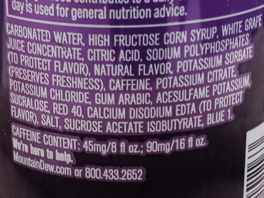 A list of ingredients on the back of a can of Mountain Dew Kickstart.