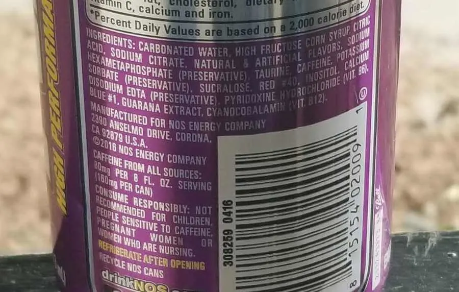 The ingredient list behind a can of NOS Energy Drink. 