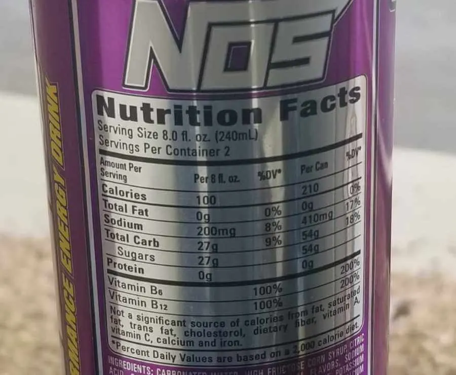 The nutrition facts behind a can of NOS Energy Drink. 