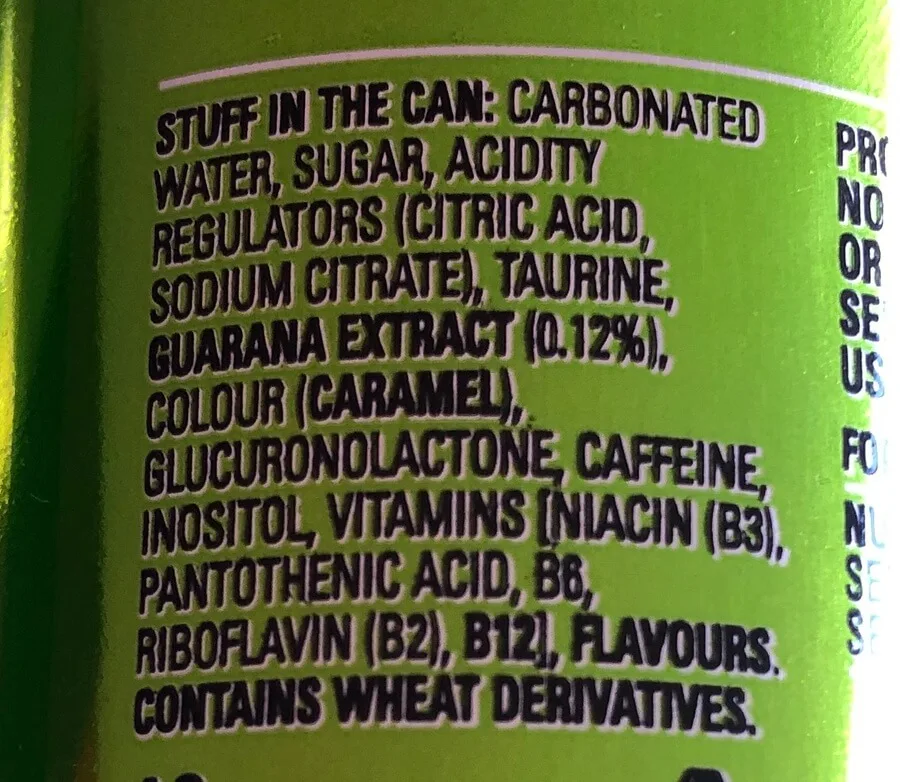 The ingredients list at the back of  a can of Green V. 