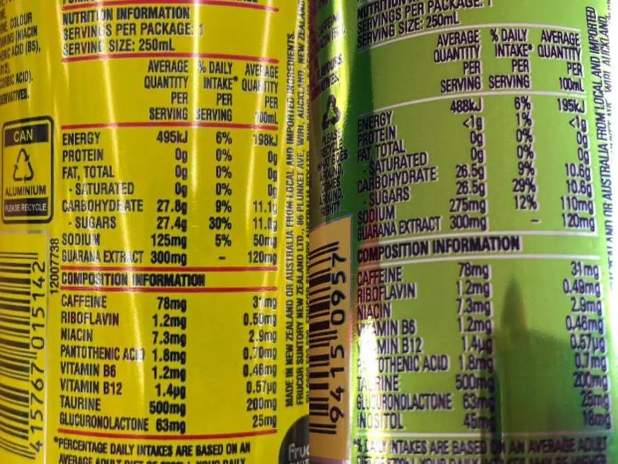 A picture of the nutrition label of Raspberry Lemonade V and Original V side by side 