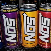 Close-up of different flavors of NOS Energy.