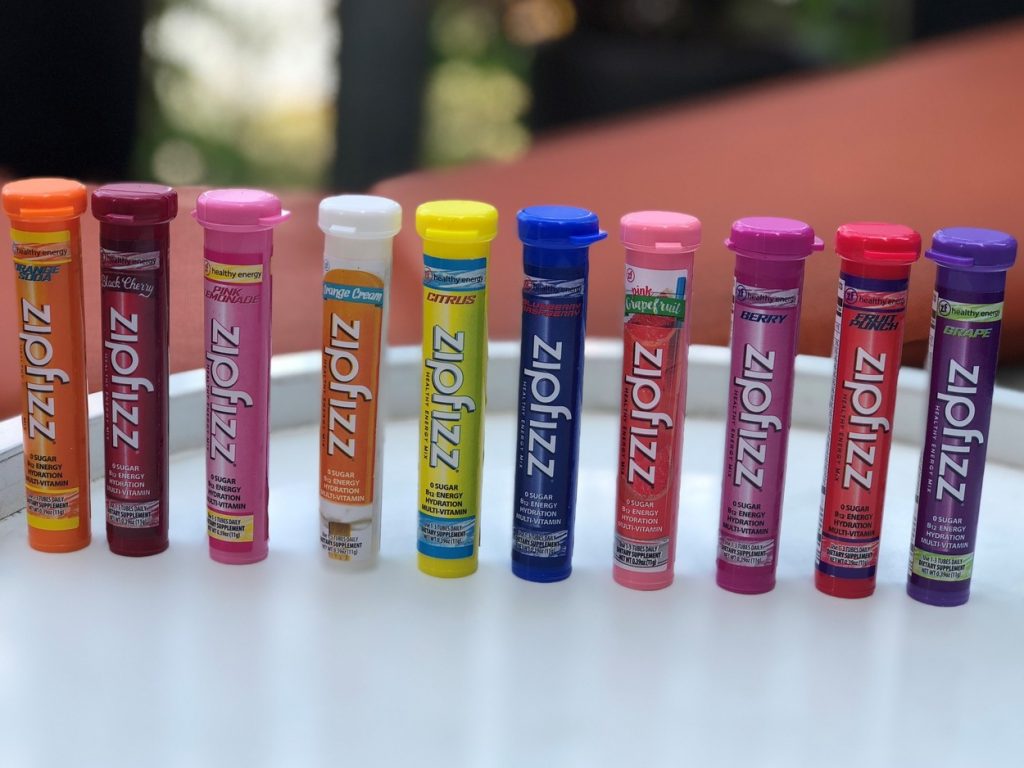 A picture of a row of Zipfizz Energy tubes
