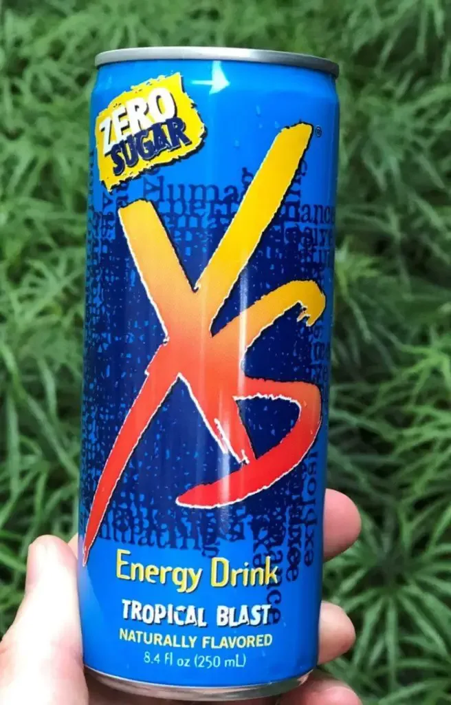 Close up of XS Energy Drink.