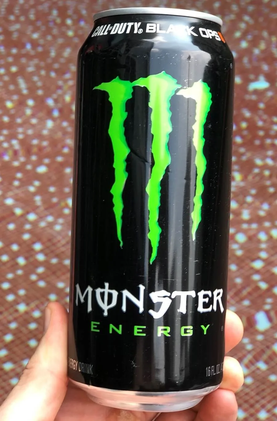 A close-up of Monster Energy. 