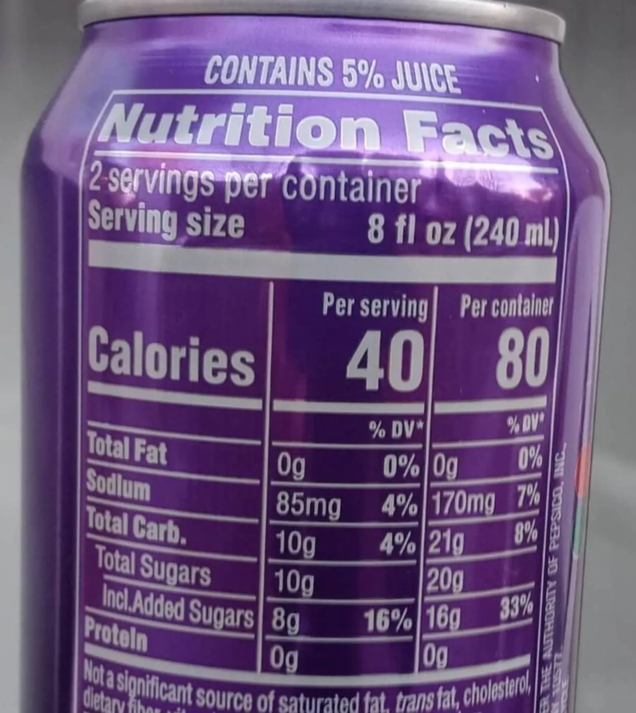 A table of the nutrition facts on a can of Mountain Dew Kickstart. 