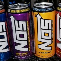 Close-up of different flavours of NOS Energy.