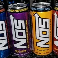 Close-up of different flavours of NOS Energy.