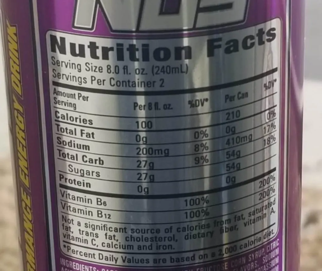Close-up of the nutritional facts of a can of NOS Energy.