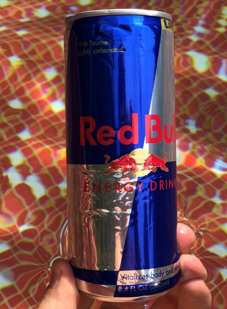 Close-up of a can of Red Bull.