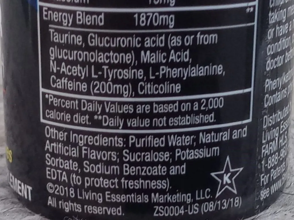 Photo of ingredient list of 5 hour energy