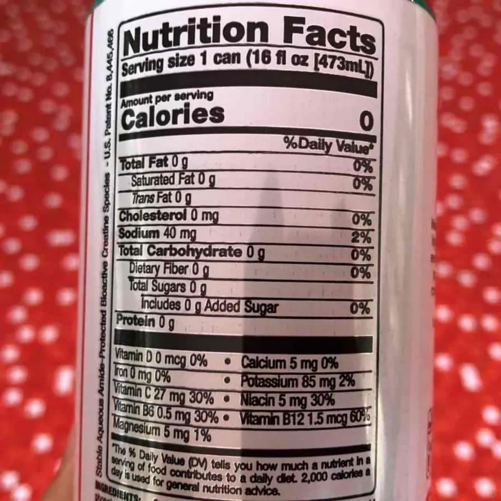 Bang's nutritional facts.