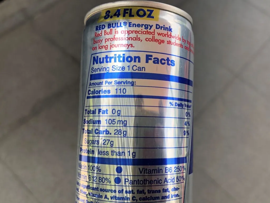 Nutrition facts of Red Bull. 
