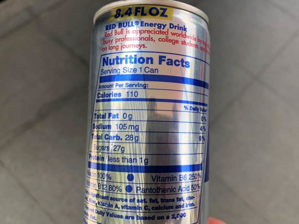 The nutritional value at the back of a can of Red Bull. 