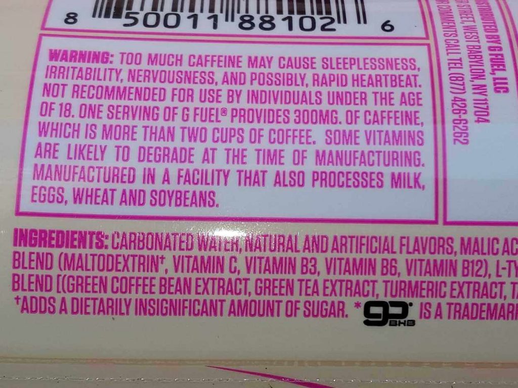 Ingredients in G Fuel Can. 