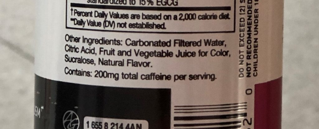 List of ingredients for a can of Celsius Originals.