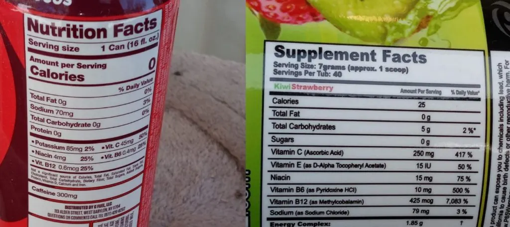 Nutrition facts of G Fuel Powder and G Fuel Can.