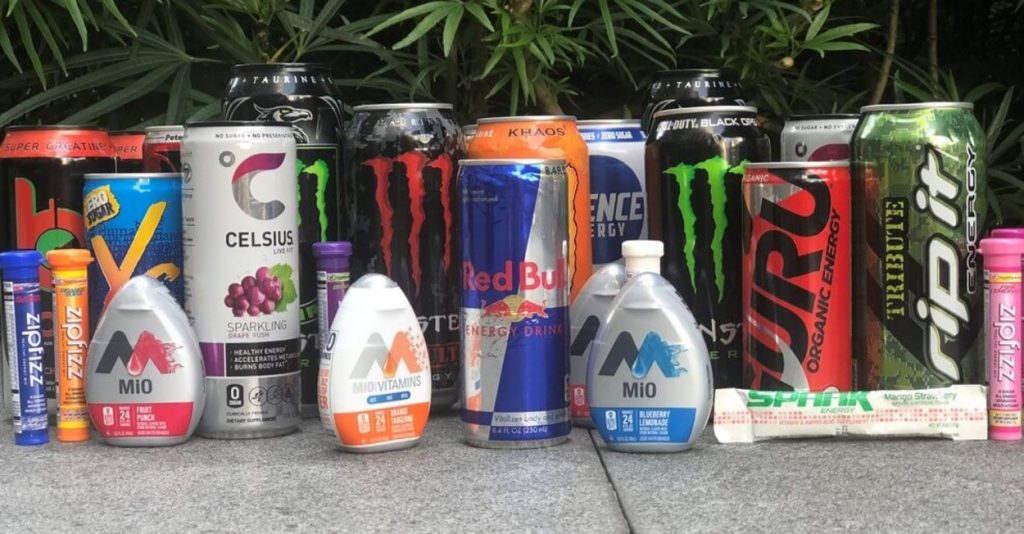 A photo of several brands of energy drinks