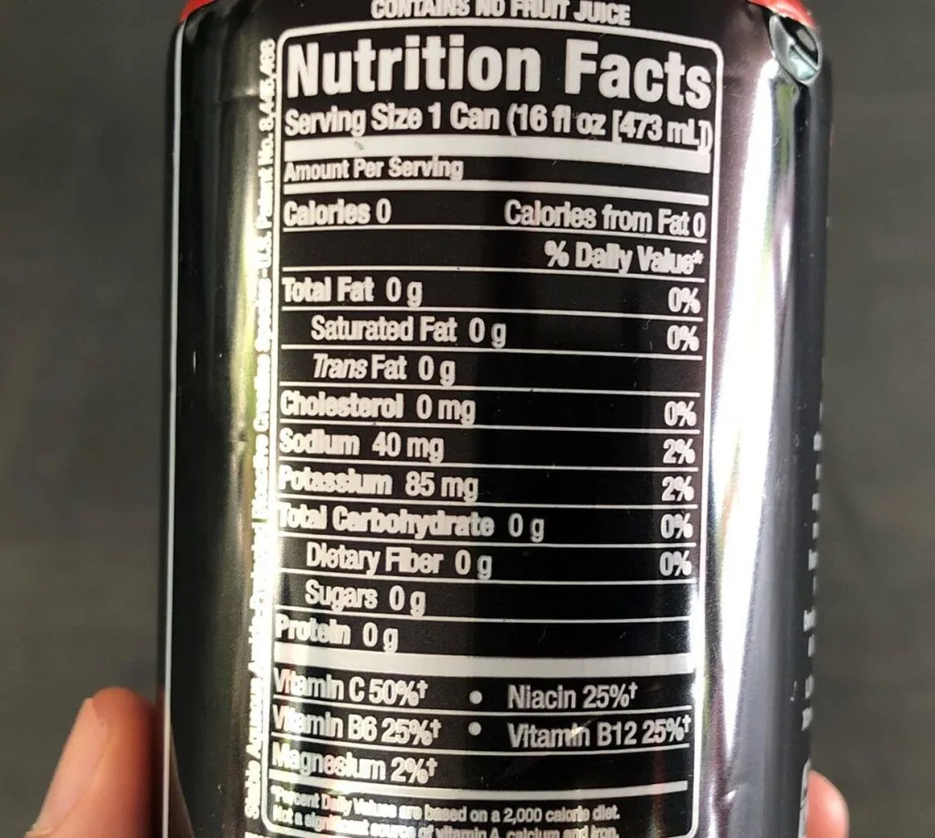 The nutrition facts of Bang.