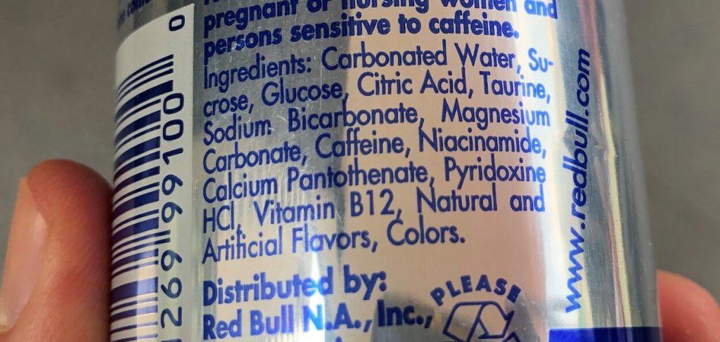 Ingredients listed on a can of Red Bull. 