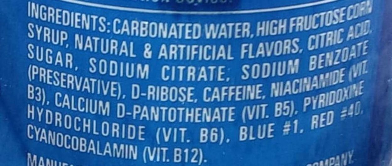 The list of ingredients at the back of a can of Full Throttle. 