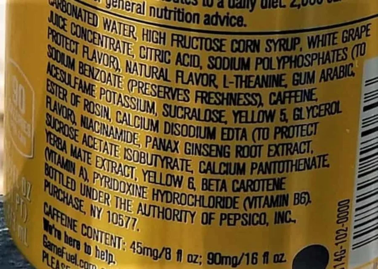 The ingredient list at the back of a can of Game Fuel. 