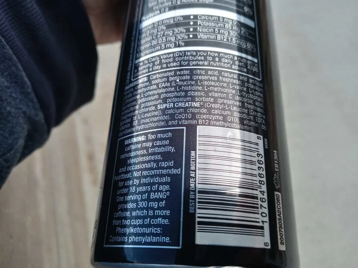 The ingredients list at the back of a can of Bang.