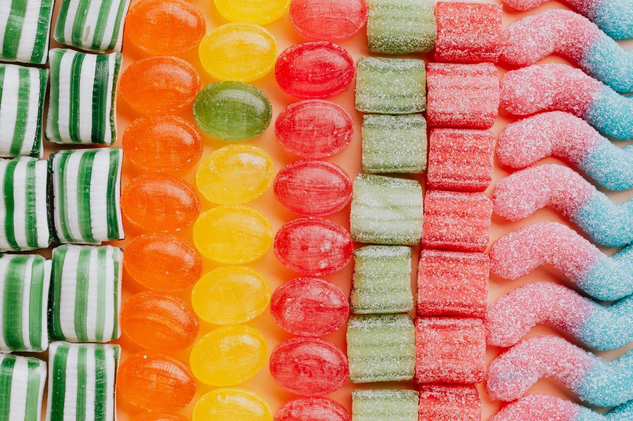 Different kinds of colorful candies.
