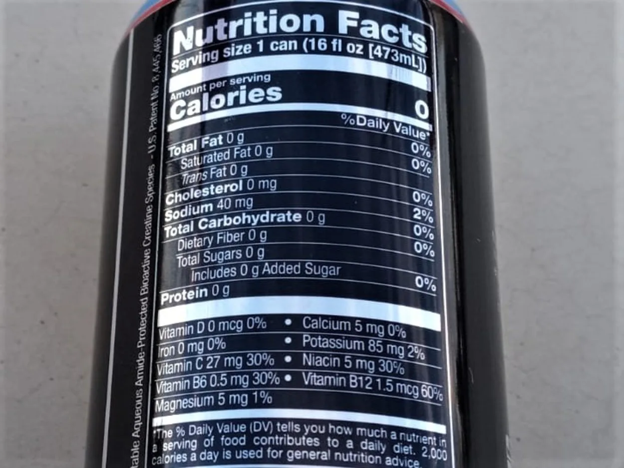 Nutrition facts label printed on the side of a can of Bang Energy