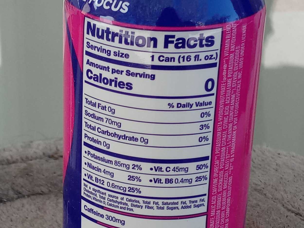 Nutrition facts of a single serving of G Fuel in can.