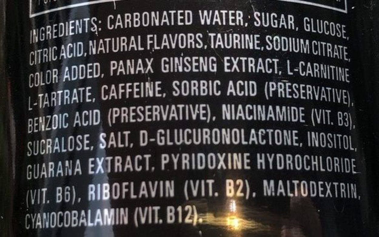 Ingredients label of Monster Energy Drink.