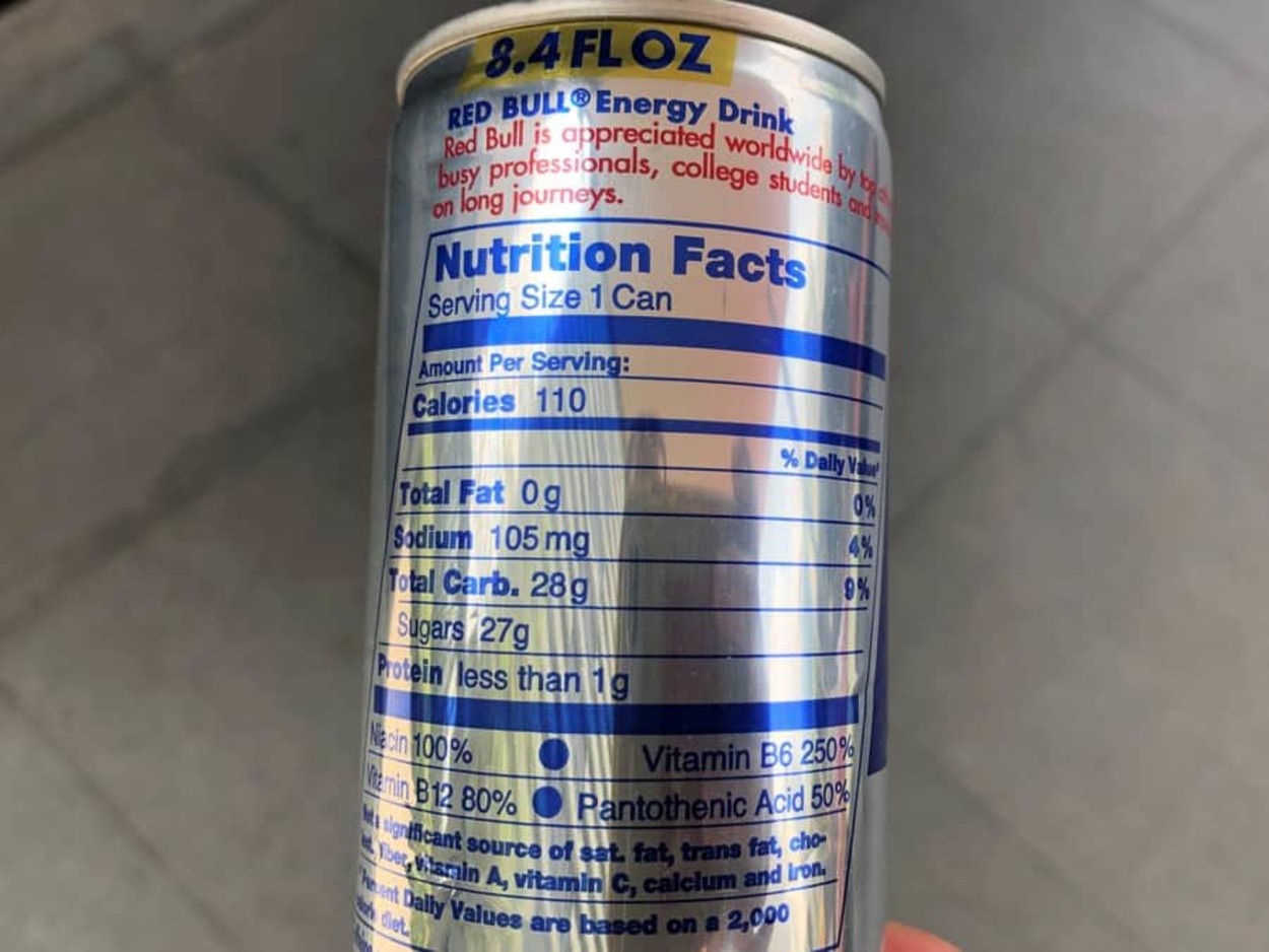 Back label of a Red Bull Energy Drink can showing nutrition facts and other information.