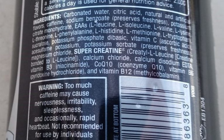 List of ingredients printed on the side of a Bang energy drink can.