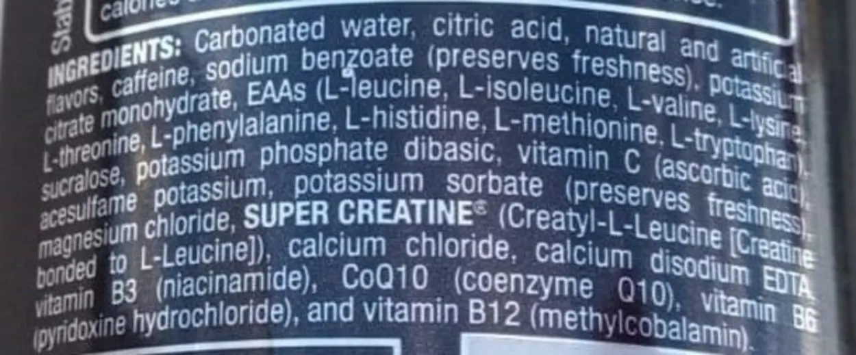 Ingredients label of Bang Energy Drink.
