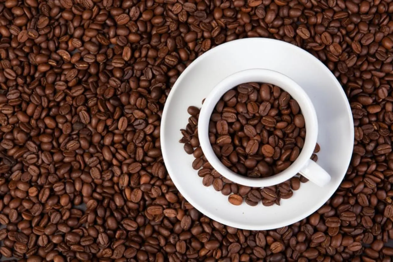 A cup of coffee surrounded by coffee beans.