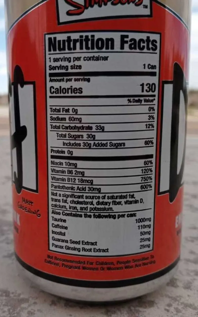 Nutritional facts label of Duff Energy Drink 