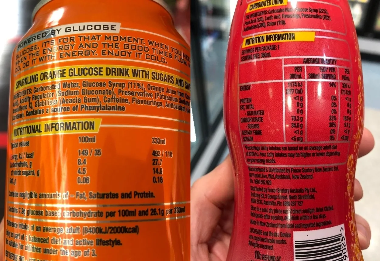Lucozade Energy Drink nutrition at the back of the can